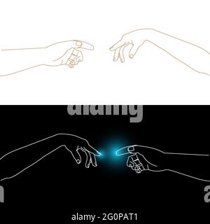 Michelangelos Adam et Dieu mains interprétation, index doigts se touchant les uns les autres, homme et femme reliant les mains, illustration vectorielle Illustration de Vecteur