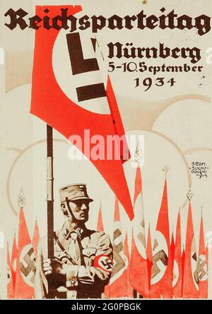 Une affiche de propagande nazie vintage pour le rallye de Nuremberg 1934, (Congrès de Reich de l'unité et de la force). Il a été filmé par Leni Riefenstahl comme Triumph de la volonté Banque D'Images
