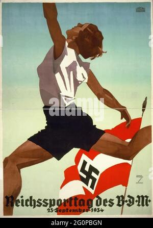 Une affiche de propagande nazie vintage pour la journée sportive de Reich de la Ligue des Maidens allemands (BDM) en septembre 1934 Banque D'Images