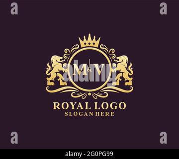 Modèle de logo MV Letter Lion Royal Luxury dans les illustrations vectorielles pour les restaurants, les royalties, les boutiques, les cafés, les hôtels, Héraldique, bijoux, mode et autre vecteur il Illustration de Vecteur