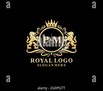 Modèle de logo de luxe Royal Lion lettre PM en illustrations vectorielles pour les restaurants, les royalties, les boutiques, les cafés, les hôtels, Héraldique, bijoux, mode et autre vecteur il Illustration de Vecteur