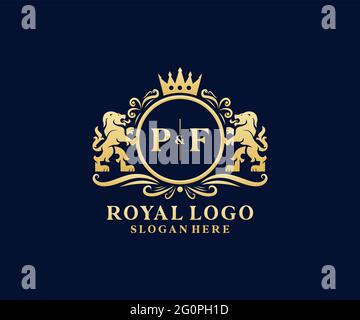 Modèle de logo PF Letter Lion Royal Luxury dans les illustrations vectorielles pour les restaurants, les royalties, les boutiques, les cafés, les hôtels, Héraldique, bijoux, mode et autre vecteur il Illustration de Vecteur