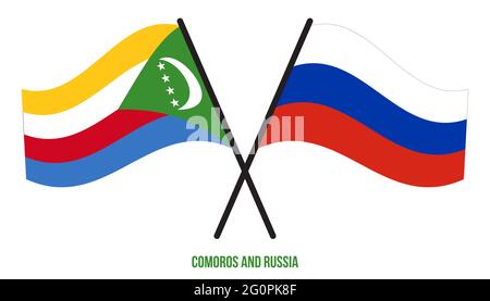 Comores et Russie drapeaux croisés et ondulant le style plat. Proportion officielle. Corriger les couleurs. Illustration de Vecteur