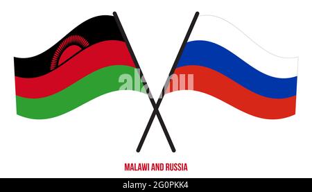 Malawi et Russie drapeaux croisés et ondulant le style plat. Proportion officielle. Corriger les couleurs. Illustration de Vecteur