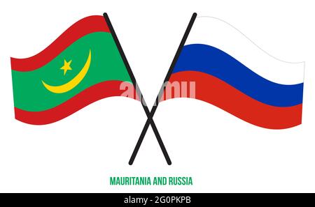 Mauritanie et Russie drapeaux croisés et agitant le style plat. Proportion officielle. Corriger les couleurs. Illustration de Vecteur