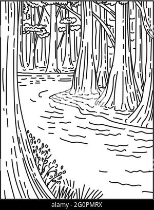 Illustration mono-ligne d'une ancienne forêt de feuillus de fond en croissance dans le parc national de Congaree dans le centre de la Caroline du Sud, États-Unis fait en BL rétro Illustration de Vecteur