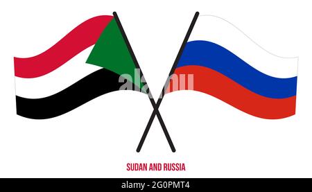 Soudan et Russie drapeaux croisés et agitant le style plat. Proportion officielle. Corriger les couleurs. Illustration de Vecteur