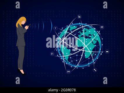 Femme d'affaires debout et utilisant un smartphone pour la connexion par technologie, concept Anytime Anywhere connexion à l'illustration de vecteur de réseau global Illustration de Vecteur