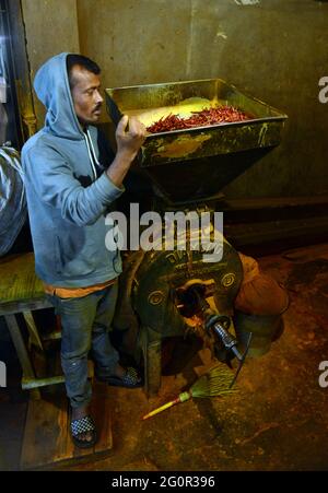 Broyer des piments rouges sur le marché aux épices du Karwan Bazar à Dhaka, au Bangladesh. Banque D'Images