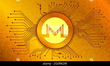 Symbole de jeton de crypto-monnaie Monero, icône de pièce XMR en cercle avec pcb sur fond doré. Illustration de style techno pour le site Web ou la bannière. Banque D'Images