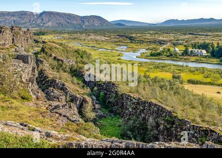 Vue depuis le Parc National de Thingvellir, Flosagja, Islande Banque D'Images