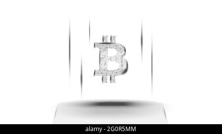 Symbole de jeton BTC Bitcoin au-dessus du piédestal sur fond blanc. Icône du logo crypto-monnaie. Pour le site Web ou la bannière. Banque D'Images