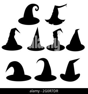 Ensemble de silhouettes chapeau de sorcière, Halloween. Vecteur isolé sur un fond blanc Illustration de Vecteur