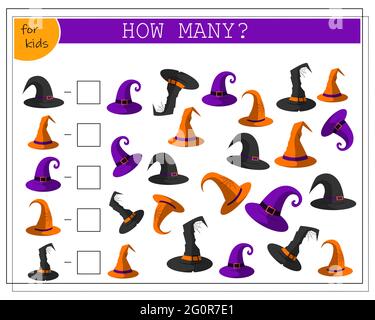 jeu de maths pour les enfants, chapeaux de sorcière, halloween. vecteur isolé sur un fond blanc Illustration de Vecteur