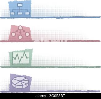 Jeu de quatre bannières avec graphiques à secteurs, graphiques linéaires et organigrammes. Illustration de Vecteur