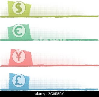 Ensemble de quatre bannières avec symboles dollar, euro, livre et yen. Illustration de Vecteur