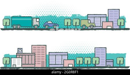 Deux illustrations de format paysage. Dans la première illustration plusieurs véhicules circulant entre les bâtiments d'une ville. L'autre illustration est une Illustration de Vecteur
