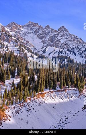 Le lit d'une rivière de montagne gelée au milieu d'une forêt d'épicéa sur le fond d'un sommet rocheux de montagne en hiver Banque D'Images