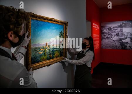 Londres, Royaume-Uni. 3 juin 2021. Les montagnes de l'Atlas de Marrakech par Churchill - Churchill et ses alliés artistiques, une exposition de vente en vue jusqu'au 16 juin 2021. Prévisualisé à Christies King Street, Londres. Crédit : Guy Bell/Alay Live News Banque D'Images