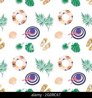 Joli motif d'été brillant sans couture avec des articles pour la mer et les vacances. Imprimé avec chapeau, feuilles de palmier, coquilles et tongs. Éléments décoratifs pour Illustration de Vecteur