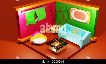 Une CHAMBRE INTÉRIEURE À FAIBLE TENEUR EN POLY COLORÉ, rendu 3d, illustration 3d, Banque D'Images