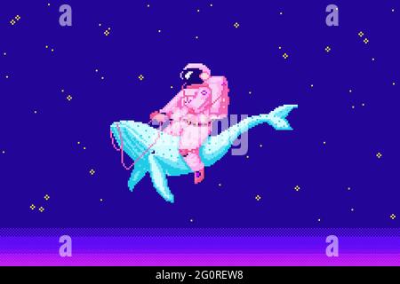 Pixel art astronaute. Objets Spaceman 8 bits. Art spatial, icônes numériques. Cosmonaute sur une baleine. Actifs rétro. Style de jeu vintage. Jeu de caractères Illustration de Vecteur