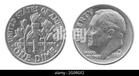 Inverse et inverse de 1981 un dime coppernickel US coin isolé sur fond blanc Banque D'Images