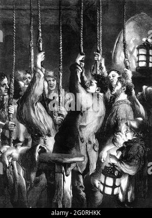 Une illustration vintage gravée des cloches dans un beffroi d'église sonnant dans le nouvel an d'un journal victorien daté de 1866 qui n'est plus dans Banque D'Images