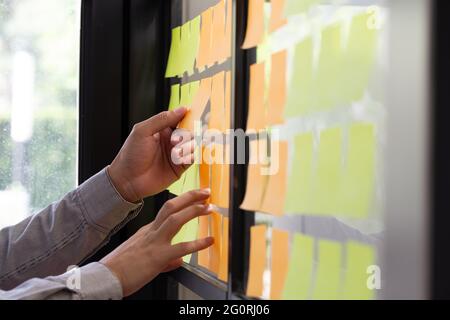 Il suivi travailleur ses tâches sur carte kanban. L'utilisation de groupes de contrôle de la méthodologie de développement agile. Homme attachant sticky note de presse tableau des tâches en th Banque D'Images