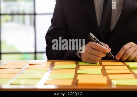 Travail de planification de l'homme d'affaires avec le pense-bête sur la table dans le bureau, le Scrum board et le concept de méthodologie agile Banque D'Images