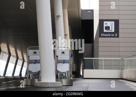 Chariots à bagages ou chariots à bagages disposés sur deux rangées devant le terminal d'enregistrement d'un aéroport. Banque D'Images