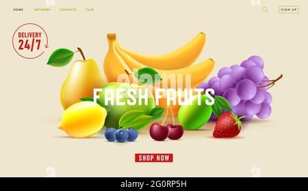 Bannière Web du service de livraison de fruits frais avec illustration 3d des fruits frais avec vingt-quatre sept icônes Illustration de Vecteur