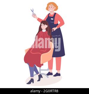 Coiffeur au travail - vecteur isolé dessiné à la main. La femme de coiffure coupe la jeune fille. Le client de peignoir est en train de profiter et de s'asseoir dans un fauteuil Illustration de Vecteur