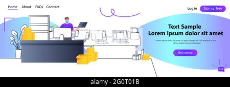 poste employé de bureau dans le masque en utilisant le portable express de service de livraison concept horizontal portrait Illustration de Vecteur