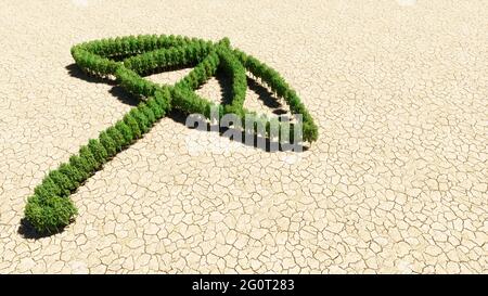 Concept ou groupe conceptuel d'arbre forestier vert sur fond sec comme signe de parapluie ouvert. Une métaphore 3d pour la protection, la sécurité Banque D'Images