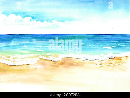 Plage tropicale d'été avec sable doré et vagues. Illustration aquarelle dessinée à la main Banque D'Images