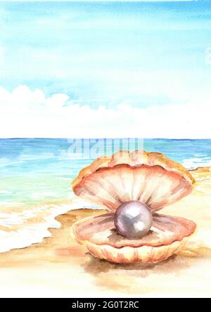 Perle dans la coquille sur la plage tropicale d'été avec sable doré. Illustration aquarelle verticale dessinée à la main Banque D'Images