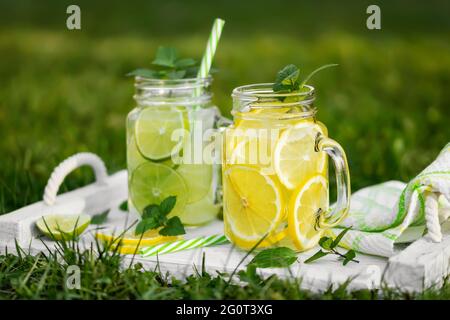 Limonade maison fraîche avec menthe, citron et lime dans des pots de maçon sur une pelouse d'été. Banque D'Images