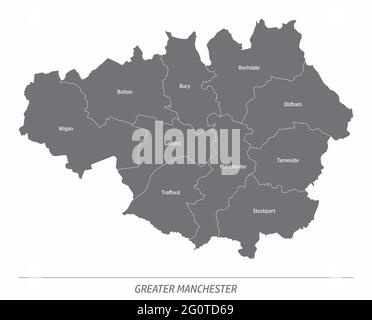 Carte administrative du Grand Manchester isolée sur fond blanc, Angleterre Illustration de Vecteur