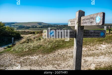 South Downs Way panneau indiquant les directions le long de la route de marche de 100 km à travers la côte sud de la campagne du Sussex de l'Angleterre. Banque D'Images