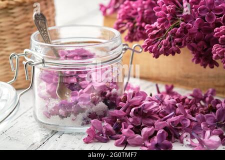 Faire du sucre lilas. Fleurs de lilas et sucre dans un pot de conservation. Bouquet de fleurs de Syringa en arrière-plan. Banque D'Images