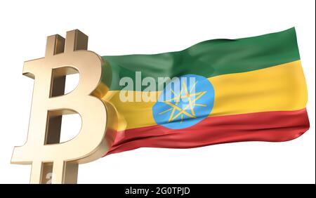 Crypto-monnaie en bitcoin d'or avec un drapeau éthiopien agitant. Rendu 3D Banque D'Images