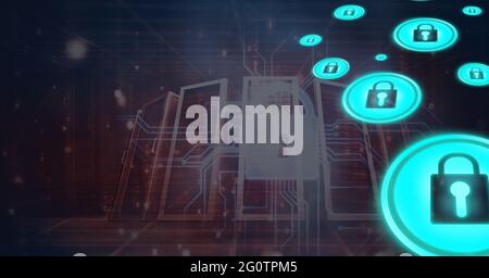 Composition des icônes de cadenas de sécurité en ligne sur les serveurs informatiques Banque D'Images