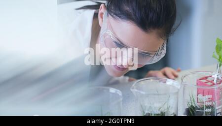 Composition d'une scientifique féminine regardant des plantes en laboratoire avec un espace de copie Banque D'Images