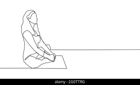 Yoga, femme, homme pratique le yoga tout en étant assis dans la position de lotus. Mise en plan de ligne continue Illustration de Vecteur