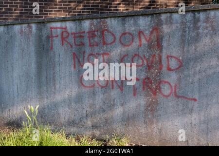 Avec des rapports d'une troisième vague (pandémie du coronavirus), des graffitis anti-Covid de contrôle du gouvernement - 'Freedom Not Covid Control' - ont été pulvérisés sur le mur d'une ville de banlieue, le 31 mai 2021, à Nailsea, dans le nord du Somerset, en Angleterre. Banque D'Images