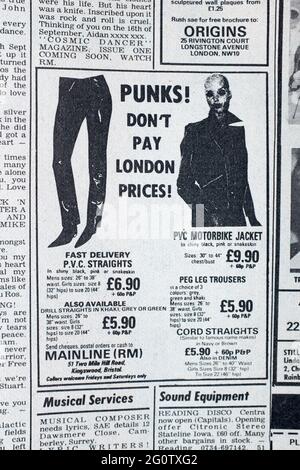 Publicité pour les vêtements Punk dans le magazine Record Mirror des années 1970 Banque D'Images