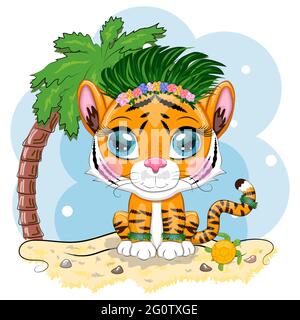 Danseuse de hula de tigre de dessin animé sur la plage avec palmier et mer. Hawaï, vacances, mer. Style enfant. Symbole du nouvel an 2022 Illustration de Vecteur