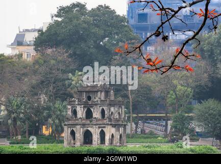 Branche de feuilles jaunes avec tour de tortue (tour Rua) sur la fondation du lac Ho Guom, le centre de Hanoi, beau paysage au printemps. Banque D'Images