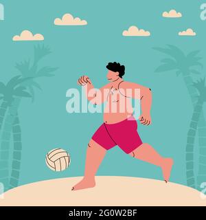 Un homme plummp dans les boxers de natation joue un ballon. Football de plage. Illustration vectorielle plate amusante. Gros homme sur la plage avec des palmiers et des nuages. Le sport des grands Illustration de Vecteur